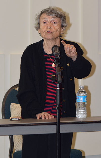 Helen Handler, an 87-year-old Polish Jew who survived  Auschwitz, the largest German extermintation camp in World War II, talks of her 18-month incarceration at the camp where she lost all of her family, including a sibling, mother, aunts and uncles. She said that she made it through by her faith in God, the ultimate goodness of humanity and the hope that some of her family would survive. She never knew each night as she saw the fire and smoke rise from the gas chambers if any of her relatives were inside. It is estimated that more than one million people lost their lives in the Auschwitz camp alone. After her discussion with a crowd of more than 150 people in attendance, Handler signed her book, “The Risk of Sorrow: Conversations With Holocaust Survivor, Helen Handler, that she co-authored with Valerie Foster, a retired Gilbert teacher.