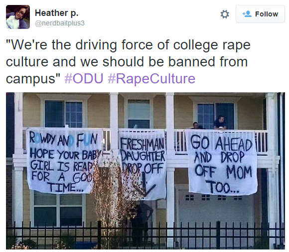 The signs hung over the balcony of Old Dominion University's Sigma Nu fraternity. The frat was suspended in August.