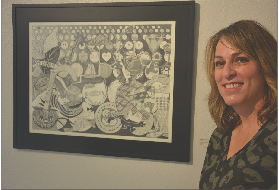 Melissa Schleuger stands opposite her drawing "Tippy.” This drawing is graphite-on-paper, measures 18'' by 24'' and runs for $400.