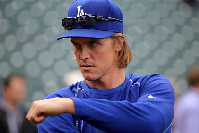 Zack Greinke looks on during batting practice prior to a game against the San Francisco Giants on May 20, 2015.