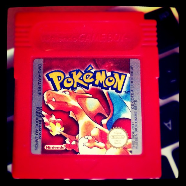 An original Pokémon Red game cartridge.