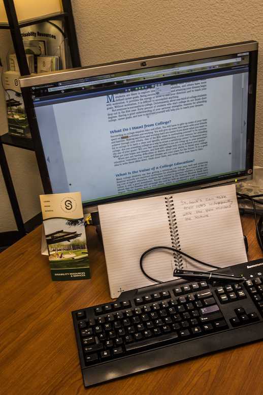 Pictured are some of the many accommodations SCC provides for its disabled students, including a livescribe pen and the Kurzwil 3000 reading assistance program. 