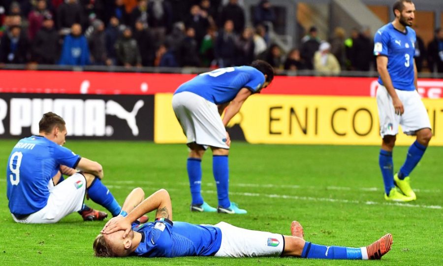 Players of Italy show their dejection after the FIFA World Cup 2018 qualification playoff, second leg soccer match between Italy and Sweden at the Giuseppe Meazza stadium in Milan, Italy, 13 November 2017. Sweden won 1-0 on aggregate.  