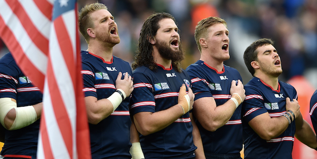 USA Rugby players singing the national anthem during the 2015 Rugby World Cup in England