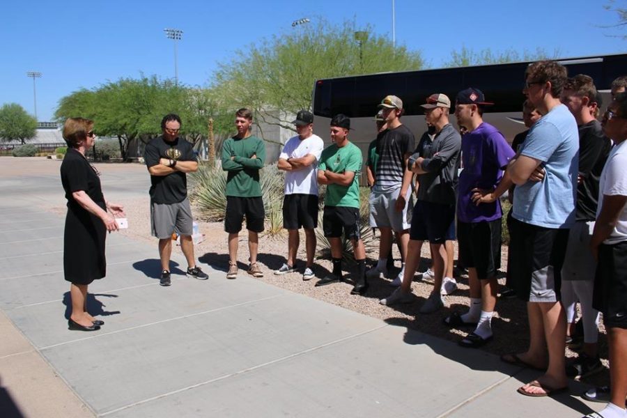 SCC president Dr. Jan Gehler addresses the baseball team before they leave for Enid, OK photo courtesy SCC