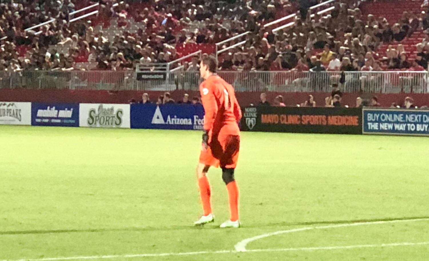 Rising Keeper, Carl Woszczynski awaits the final whistle Friday night, marking his fifth consecutive shutout