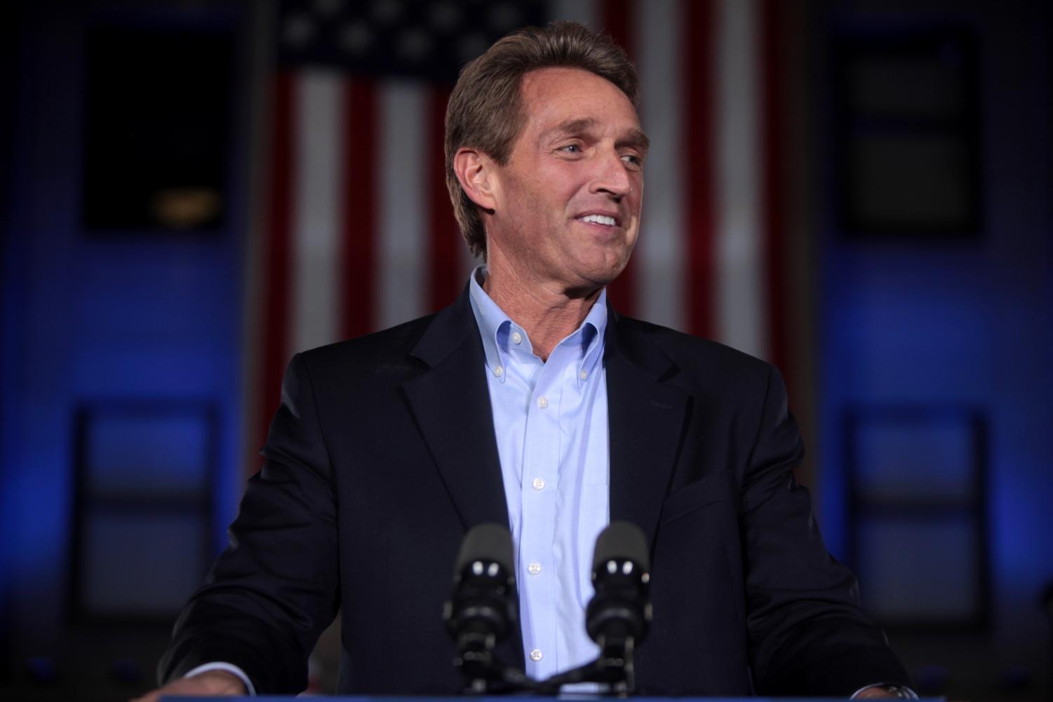 U.S. Senator Jeff Flake speaking at a campaign rally for State Treasurer Doug Ducey at the Yavapai County Courthouse in Prescott, Arizona.