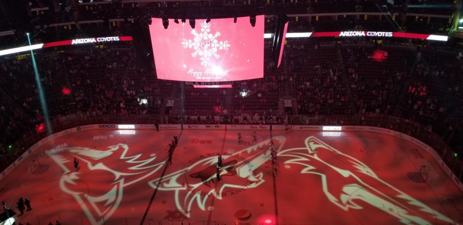 The Arizona Coyotes and Montreal Canadiens wait for the national anthems to be sung.