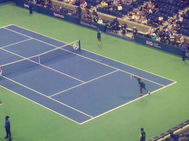 Serena Williams serving during 2019 US Open