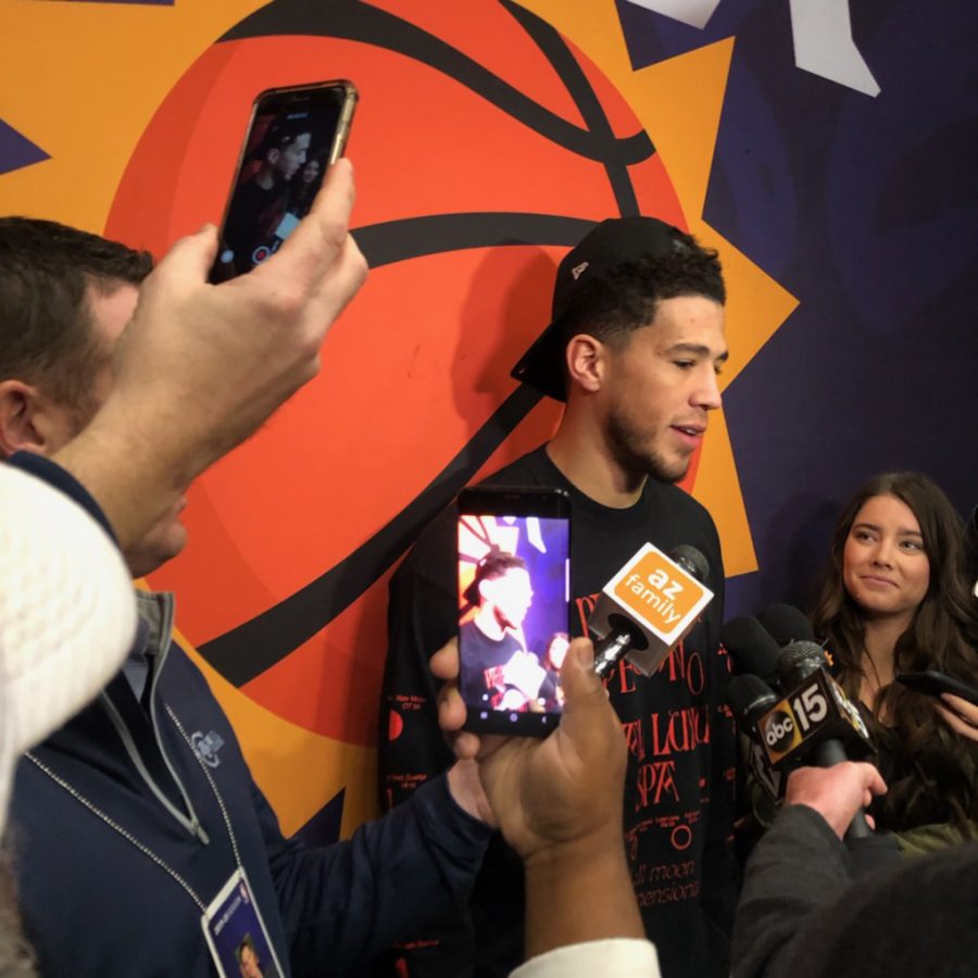 Devin Booker at a pre-pandemic press conference