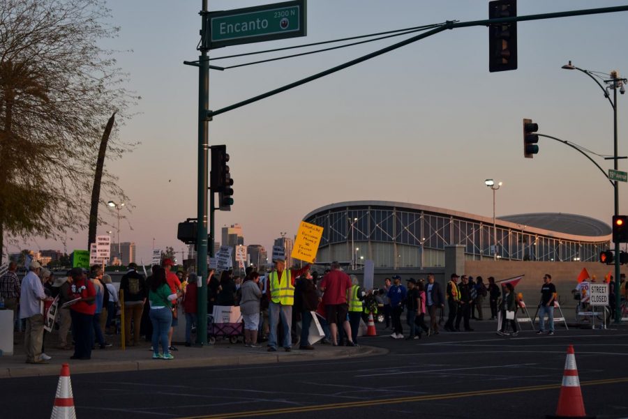 protestors in front of Phoenix Coliseum 