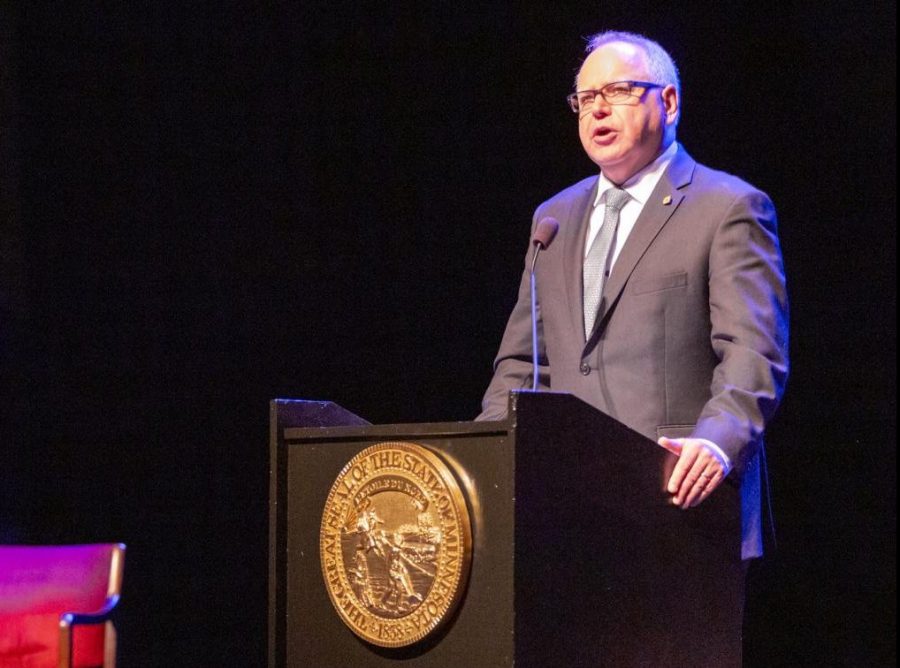 Governor Tim Walz speaking at the Fitzgerald Theater after being sworn in as Minnesotas 41st governor, St Paul MN