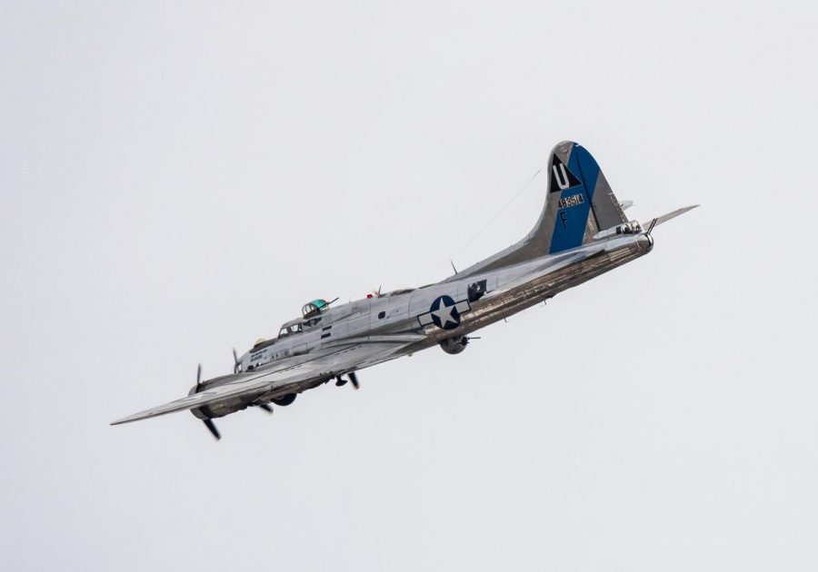 B-17 Flying Fortress Sentimental Journey flys over Arizona State Capitol on Dec. 7, 2019.