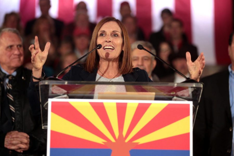 U.S. Congresswoman Martha McSally speaking with supporters at the 2018 election eve rally hosted by the Arizona Republican Party at the Yavapai County Courthouse in Prescott, Arizona.