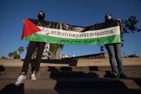 Pro-Palestinian holding a sign Students for Justice in Palestine