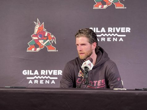 Scott Wedgewood speaks to the media after the Coyotes first win of the season.