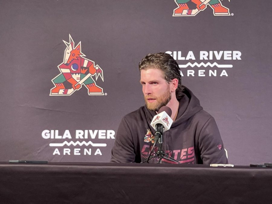 Scott+Wedgewood+speaks+to+the+media+after+the+Coyotes+first+win+of+the+season.