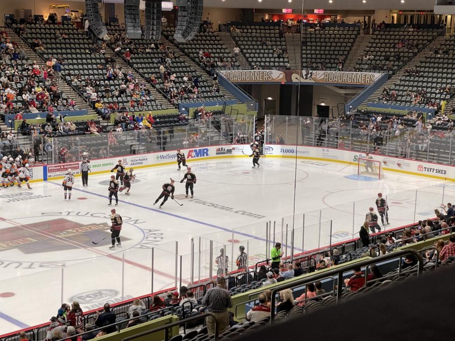 The Roadrunners, pictured skating at Tucson Convention Center Arena, met the Ontario Reign for a back-and-forth game over the weekend.