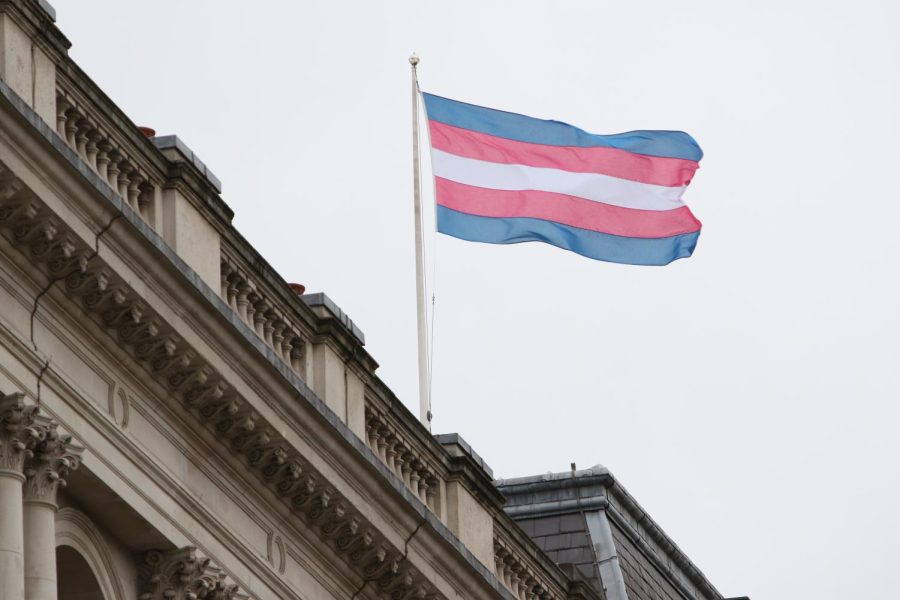The Transgender Pride Flag flies on the Foreign Office building in London