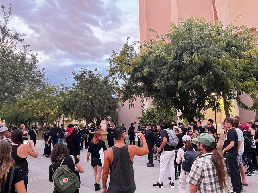  Protestors gathering before the Jared Taylor, white advocate speech later in the evening—more protestors gathered outside Neeb Hall at Arizona State University