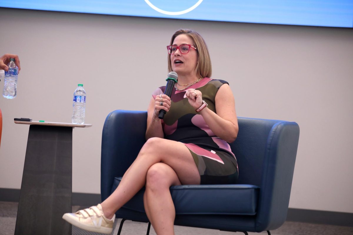 U.S. Senator Kyrsten Sinema speaking with attendees at a town hall hosted by the U.S. Hispanic Business Council at the ASU Thunderbird School of Management in Phoenix, Arizona.
