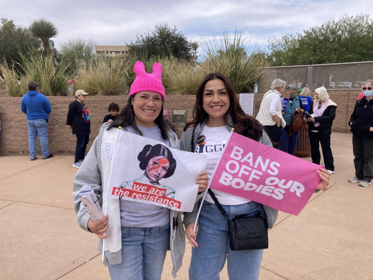 Hundreds of abortion rights advocates at Wesley Bolin Plaza. Pictured: Amanda Gandolfi (left) and Annalisa Cordova (right) from Tucson showing their support at Wesley Bolin Memorial Plaza in Phoenix.