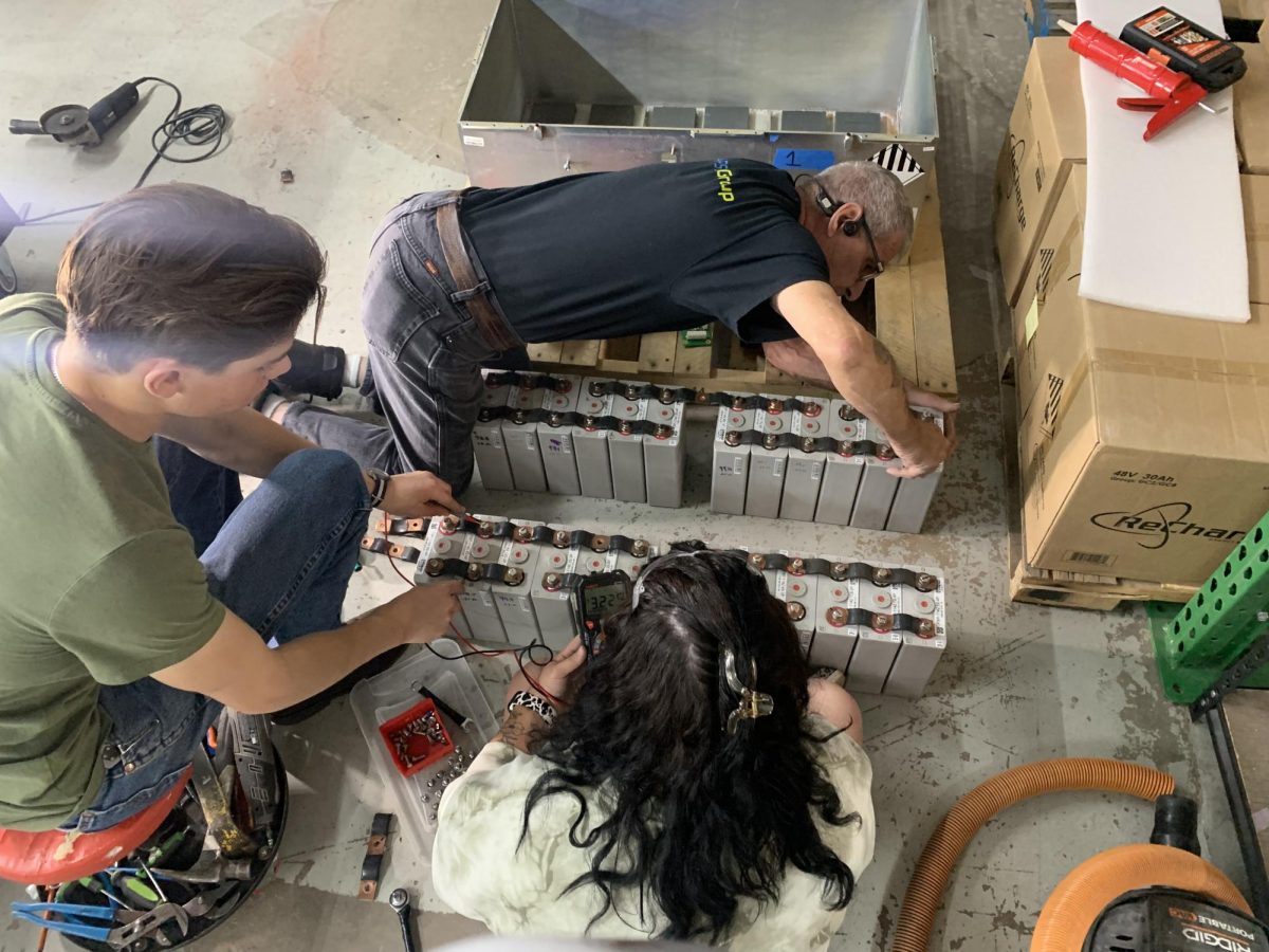 Members" of Higher Wires work together to test batteries for to be repurposed at their Phoenix facility.