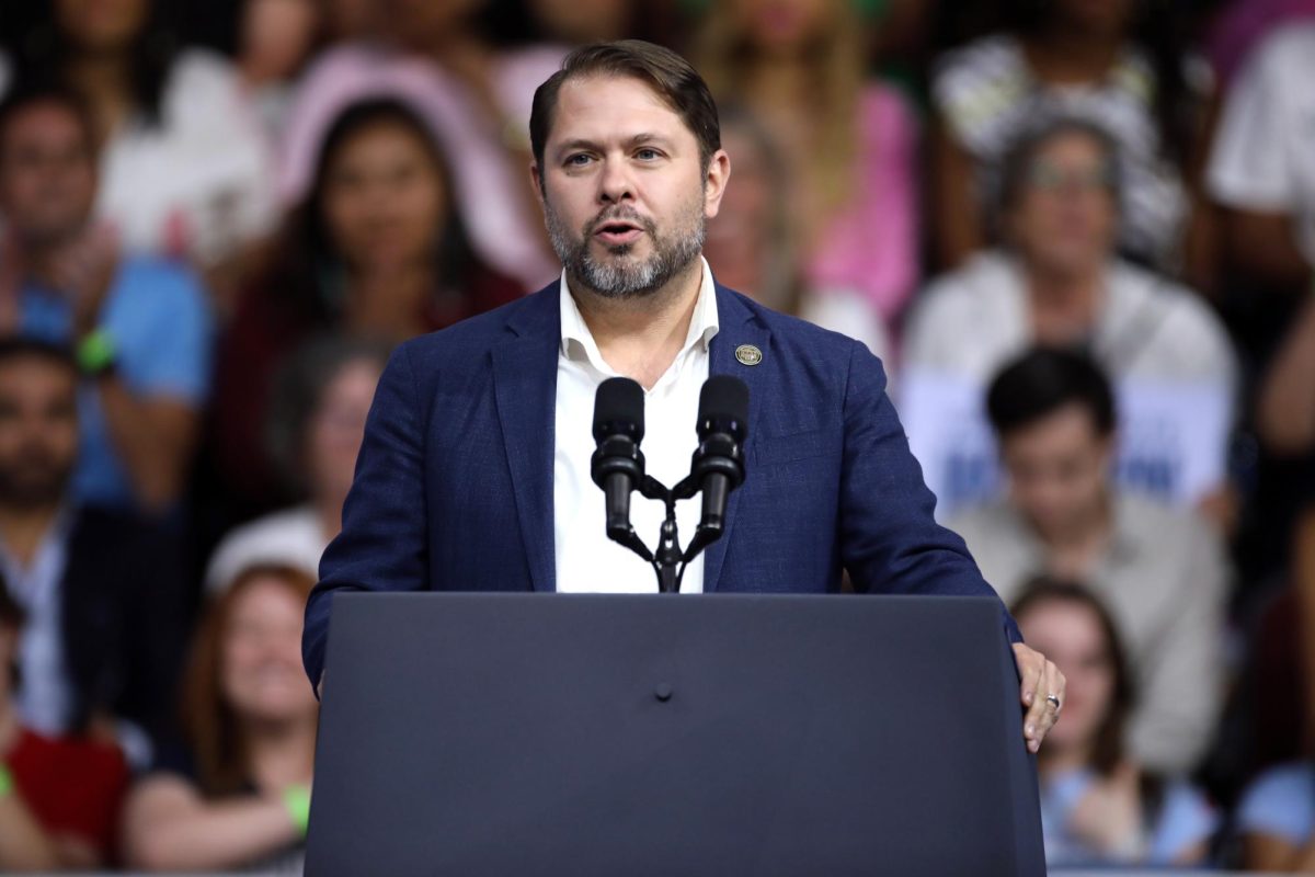 U.S. Congressman Ruben Gallego speaking at a recent campaign rally for Vice President Kamala Harris at Desert Diamond Arena in Glendale Arizona.