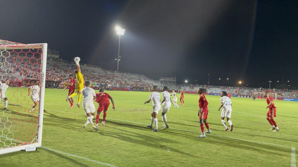 Monterey Bay FC Goalkeeper, Carlos Herrera, stops yet another key attempt by the Rising. 