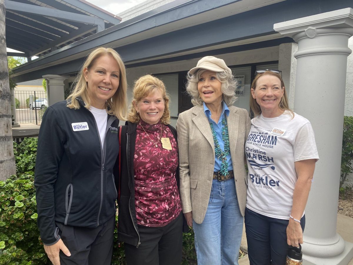 Two-time Academy Award winning actress, social and climate activist, Jane Fonda pictured with Karen Gresham, Kelli Butler and Christine Marsh at a door-to-door rally on Saturday near Northern and 29th Street