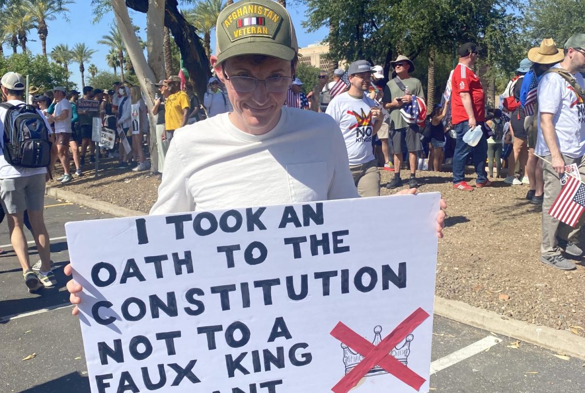 "I took an oath to the Constitution, not a king tyrant" sign—Afghanistan Veteran at Phoenix "No Kings' rally at State Capitol Saturday