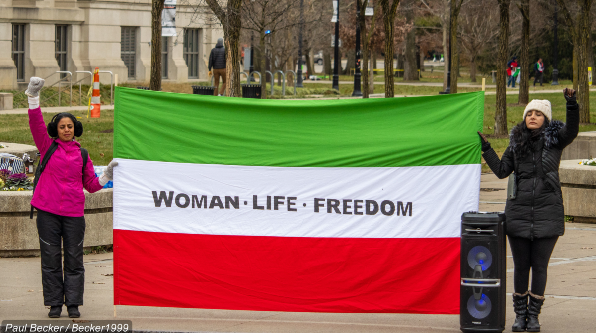 “Demonstrators participate in a Women, Life, Freedom protest in 2022. 
