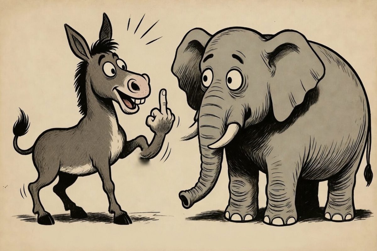 Democratic Donkey, greeting Republican Elephant ahead of the midterms