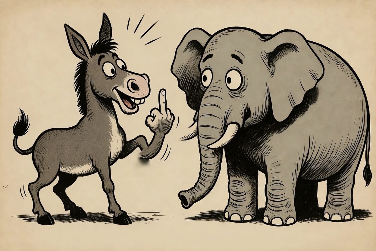 Democratic Donkey, greeting Republican Elephant ahead of the midterms