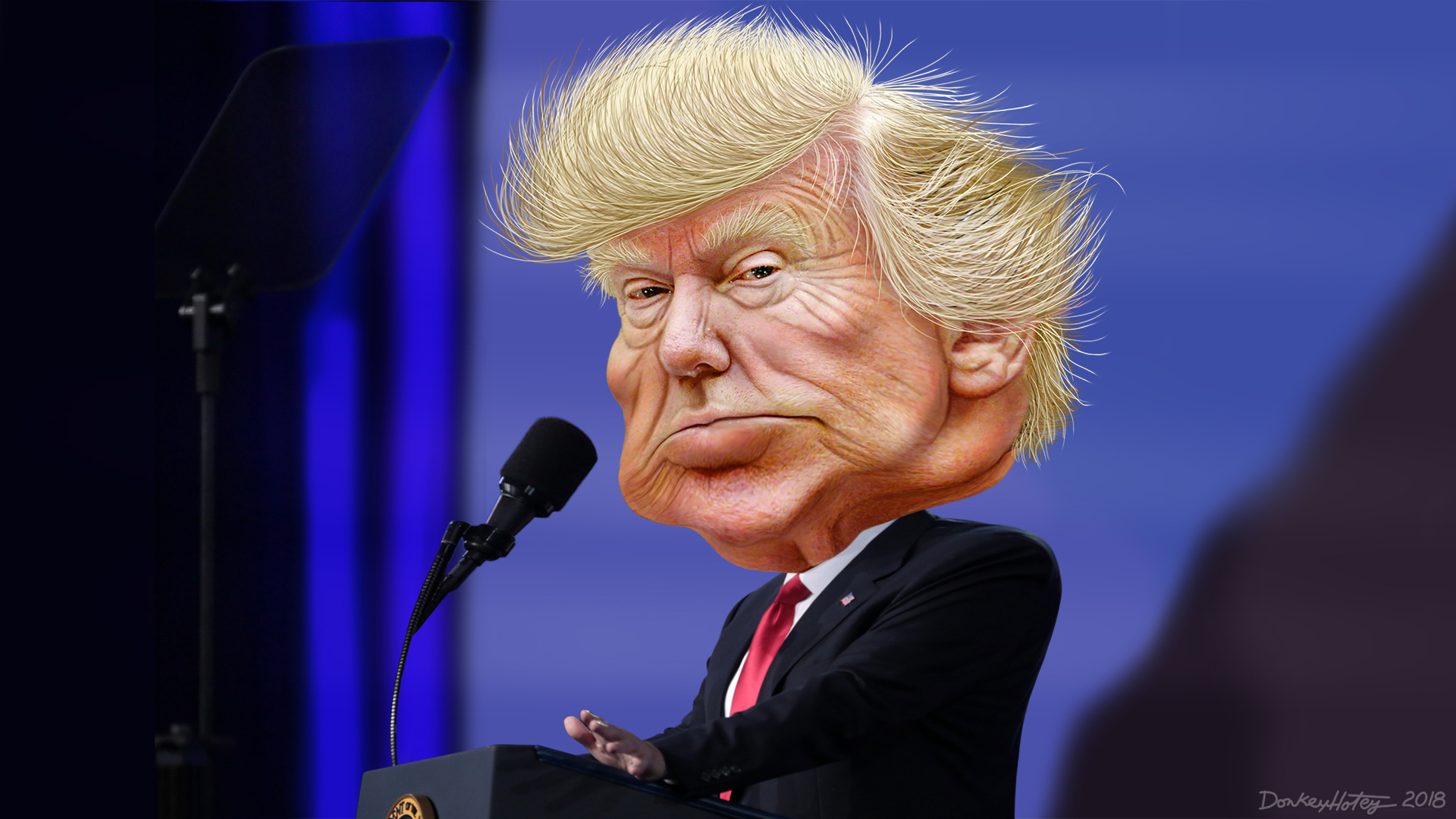 Caricature of Donald Trump adapted from a photo in the public domain from the White House.